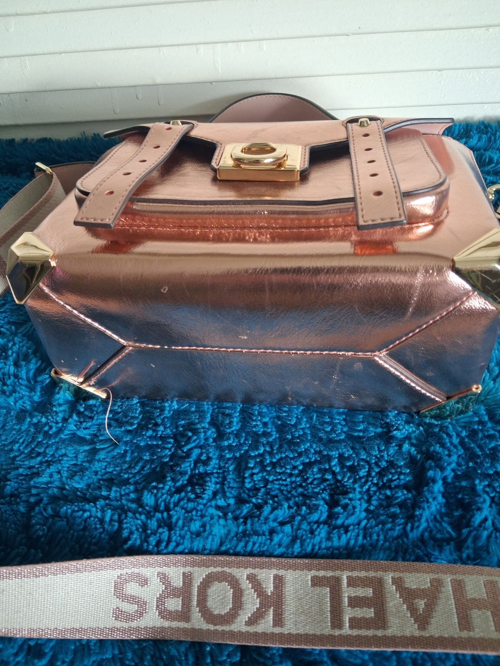 Michael Kors Metallic Rose Gold Satchel with Logo Strap